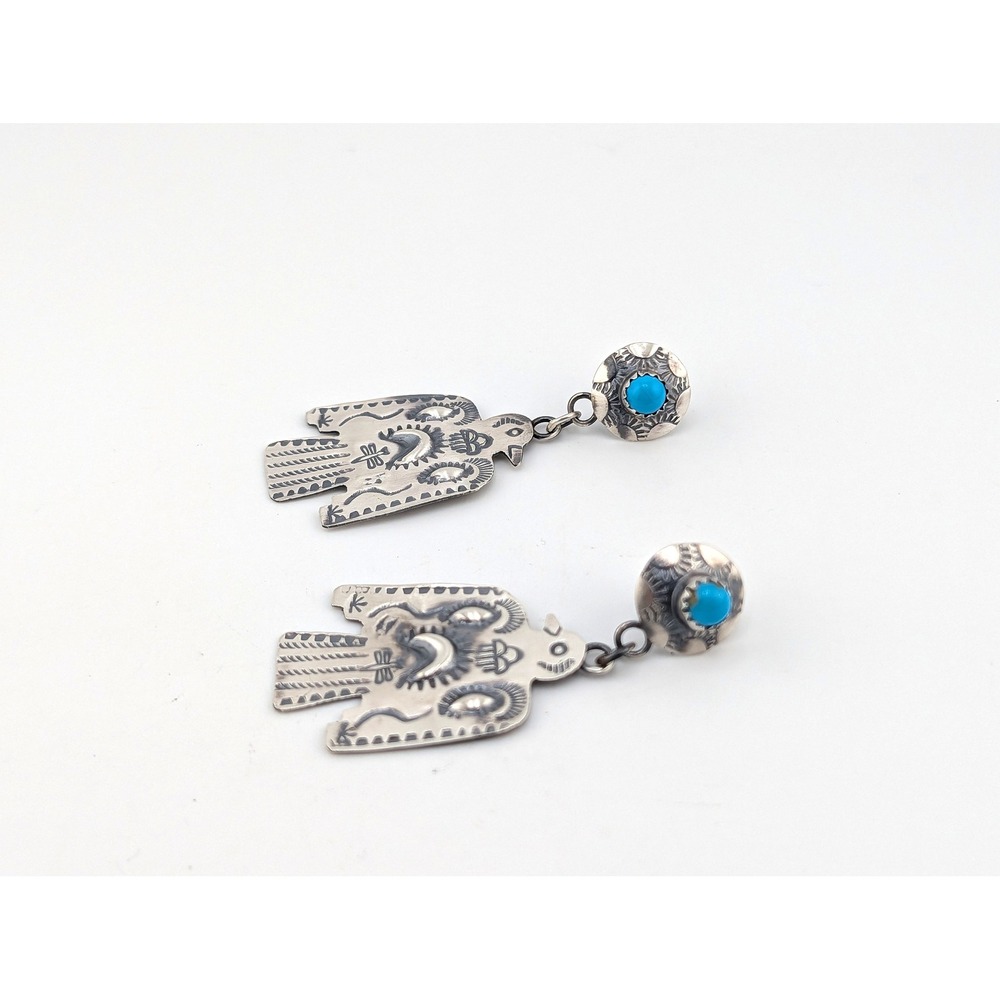 Navajo Thunderbird Dangle Earrings Oxidized Sterling Silver Kingman Turquoise** - Picture 6 of 7